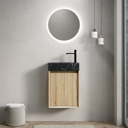 ZHOMGG Mueble de baño 40 cm con lavabo de mármol natural - Mueble de almacenamiento para pared, puertas de madera, sistema amortiguado, diseño compacto, roble blanco