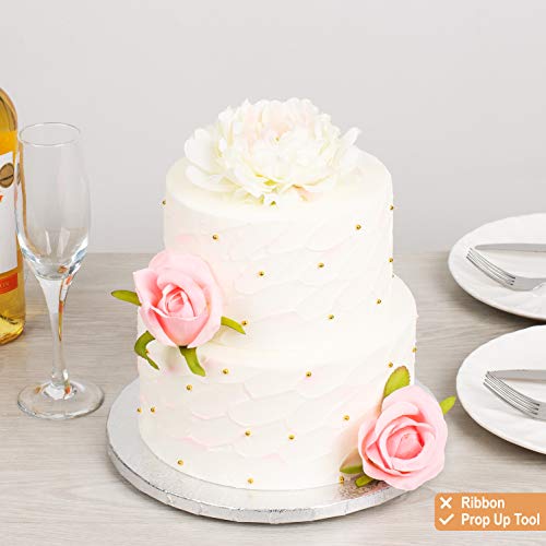 Sturdy Silver Cake Drum 10 Inch 1/2\" Thick (14 Pack) + Satin Silver Ribbon + Prop Up Tool | No Seam Greaseproof Foil Board | Bundle for Making The Perfect Presentation!