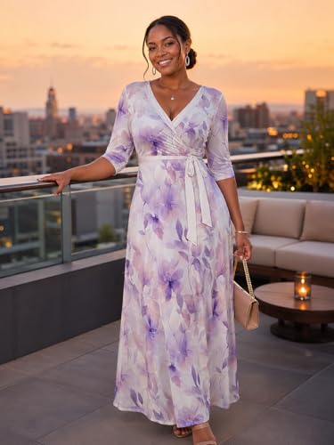 Image of PinkPatty Plus Size Maxi Dress for Women Casual V Neck 3 /4 Sleeve Boho Printed Long Dress with Pockets