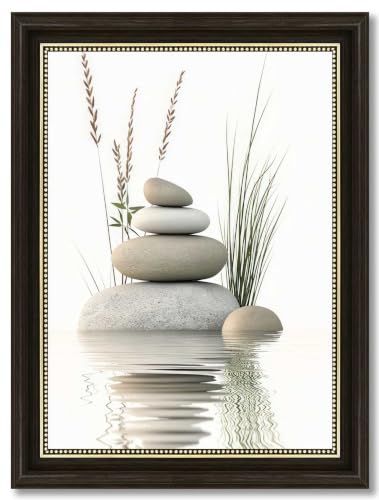 Dark Brown Framed Zen Stone Canvas Wall Art, Stacked Stones in Water Poster Print Artwork, Black White Bathroom Painting Picture Wall Decor, for Spa, Yoga, Meditation Room, Home Decoration, 9x11in