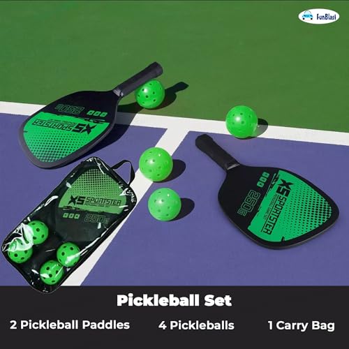 Image of FunBlast Pickle Ball Racket Set - 2 Premium Wood Rackets with 4 Balls & Portable Carry Bag, Ideal for Kids, Men & Women - Durable & Lightweight, Outdoor Activities (Green)