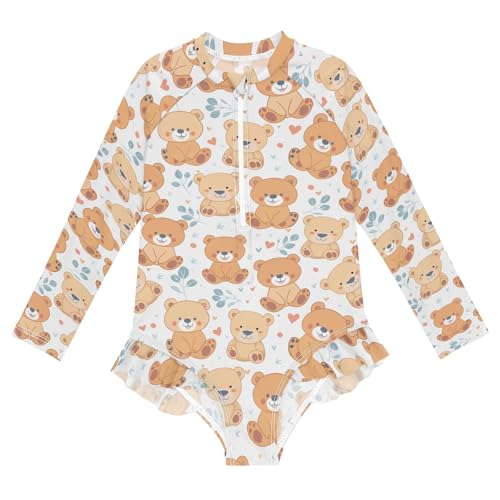 Cute Teddy Bears Girls Long Sleeve Swimsuit Rash Guard One Piece Bathing Suits Zipper 3-12T