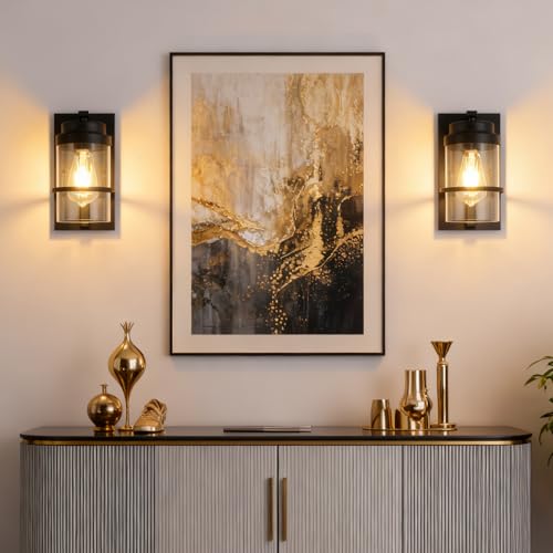 Image of Modern Farmhouse Black Wall Sconce,Glass Wall Light Fixture,E26 | Industrial hardwired indoor fixture,ideal for bedroom,hallway,bathroom and living room,modern style home decor with E26 base.