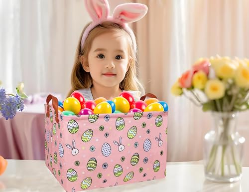 Image of Large Rectangular Easter Baskets Empty Waterproof Boy Toy Box Foldable Kid's Gifts Storage Bin Spring Room Decor(Pink Black Line Egg)