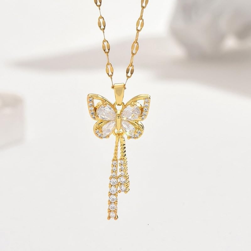 18K Gold Plated Butterfly Pendant Necklace with Cubic Zirconia – Elegant Crystal Drop Chain Jewelry for Women - Image 4