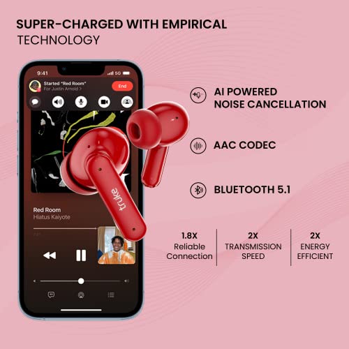 Image of truke Air Buds Lite True Wireless in Ear Earbuds with 48 Hours Playtime, Gaming Mode, Enviornomental Noise Cancellation (ENC), Auto Play /Pause, AAC Codec, Bluetooth 5.1, IPX4 (Red)