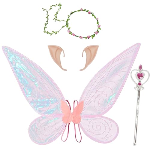 Image of TecoKart Butterfly Wings for Girls - Fairy Wings for Kids Girls Butterfly Set, Pink Fairy Wings with Flower Garland, Elf Ears and Love Sticks, Ideal for Girls Birthday Party