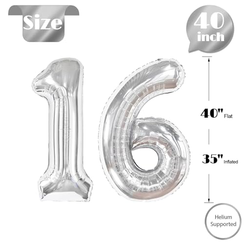 Image of Silver Number 16 Balloon 40 inch, 16 Number Balloons, 16th Silver Birthday Decorations, 16 Year Old Silver Party Supplies