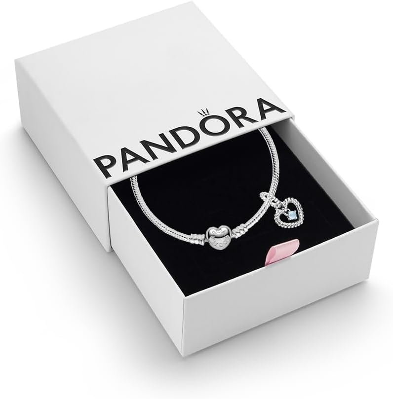 PANDORAWomen's Sterling Silver Birthstone Dangle Charm & Heart Clasp Snake Chain Bracelet Set - Jewelry Gift Box Included