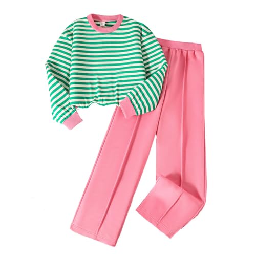 Girls 2 Piece Oufits Loose Crewneck Long Sleeve Striped T-Shirts & Straight Leg Pants Cute Tracksuit for Boys 8-12 Years