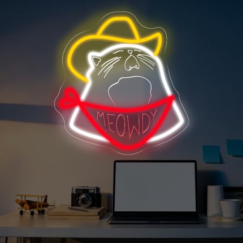 Image of Cowboy Cat Neon Sign Meowdy Cat Led Light Kids Room Decor | USB Powered Dimmable Home Wall Decor Room Decoration 13 inchx12.2 inch