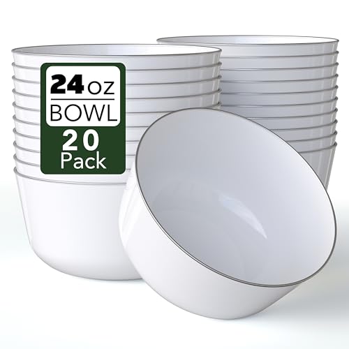 Trendables Plastic Bowls Disposable Bowls 24 Oz Bowl Set of 20 White Silver Rimmed Fancy Plastic Serving Dishes Perfect for Parties and Events Disposable Candy Bowl