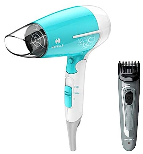 Image of Havells HD3151 1200 Watts Foldable Hair Dryer; 3 Heat (Hot /Cool /Warm) (Turquoise) & Havells BT5100C Rechargeable Beard Trimmer with Hypoallergenic Blades (Grey)