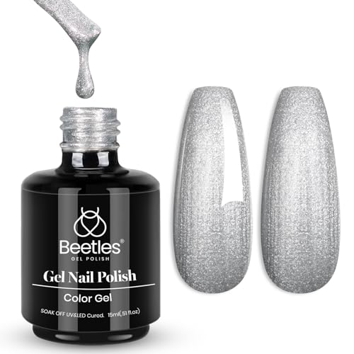 Beetles Silver Gel Nail Polish Glitter Gel Polish Shell Swirl Thread Drawing Effect Mermaid Shimmer Soak Off UV LED 15ml Gifts for Women Silver Dance Floor