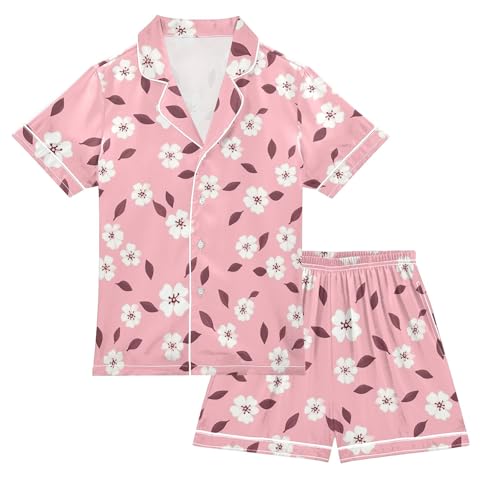 Pink Blossom Pattern Summer Satin Pajama Set, Cute Button-Down Sleepwear Pj Set for Sleep Wears