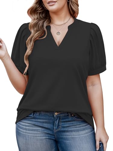 Womens Plus Size Tops Summer Puff Sleeve Shirts Casual Pleated Notched V Neck Tunics Tee XL-5XL