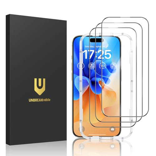 UNBREAKcable 3-Pack Glass for iPhone 15 Pro Screen Protector, Double Shatterproof Tempered Glass [Easy Installation Frame] [9H Hardness] [Full Coverage] [HD Clear] for iPhone 15Pro 6.1 inch
