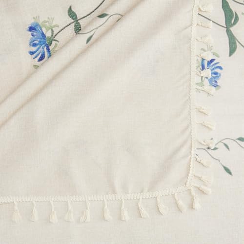 Image of Cortina Tablecloth for Dining Table Waterproof Table Cover, Cotton Linen Fabric Rectangle Tablecloth (White Floral, 6 Seater)
