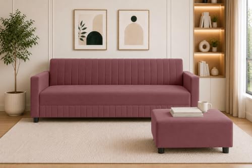 Image of Modern 3-Seater Velvet Sofa with Ottoman | Vertical Channel Tufted Backrest | Plush Cushioned Seating | Stylish Contemporary Sofa for Living Room, Bedroom & Office | Rose Pink