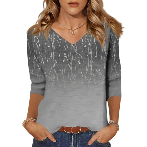 Women 3/4 Sleeve Tops and Blouses Summer V Neck Shirts Classy Printed Slim Fitted Casual Tunic Cowgirl Outfits