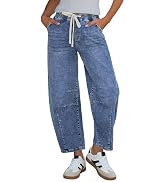 GRAPENT Barrel Jeans Women High Rise Pull On Elastic Waist Crop Denim Pants | Barrel Leg, High Wa...