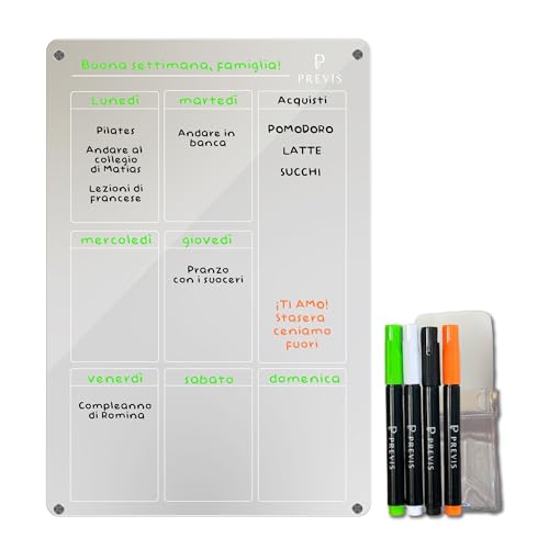 PREVIS Lavagna Magnetica Frigo Trasparente Settimanale A4 (21x29,7cm) con 4 Pennarelli Premium - Calendario Acrilico Trasparente Frigorifero Cancellabile - Acrylic Dry Erase Board Planning Lavagnetta