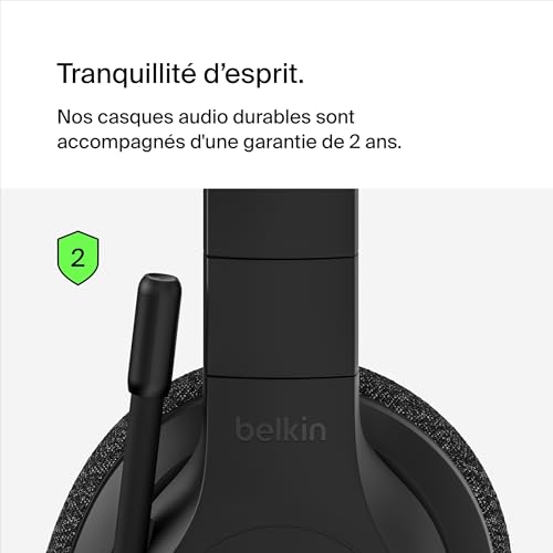 Belkin SoundForm Adapt Casque Bluetooth sans Fil avec Micro, Connexion multipoint, autonomie 65h, ENC, Bluetooth ou câble, Casque Audio pour Travail, Bureau, Ordinateurs PC, Portables, Tablette