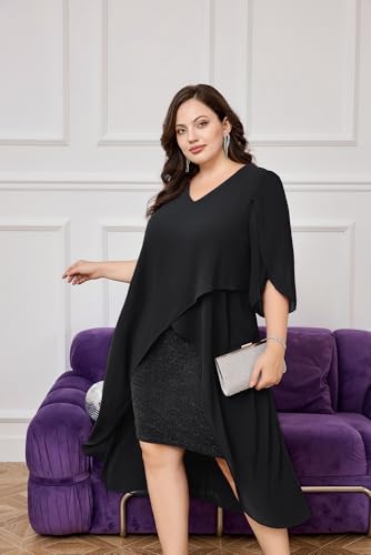 Hanna Nikole Womens Plus Size Chiffon Cocktail Dress Ruffle 3/4 Sleeve Wedding Guest Party Dresses with High Low Hem - Image 5