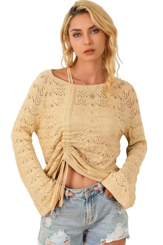 Women's Khaki Hollowed Knit Asymmetric Drawstring Sweater - Main Image