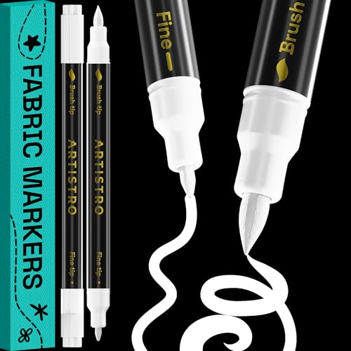 ARTISTRO 2 White Dual-Tip Fabric Markers - Fabric Decorating Kit - Permanent for Clothes - Acrylic Paint Pens for Sneakers Bags Shoes Textile Canvas Sewing Craft DIY - Brush and Fine Tip