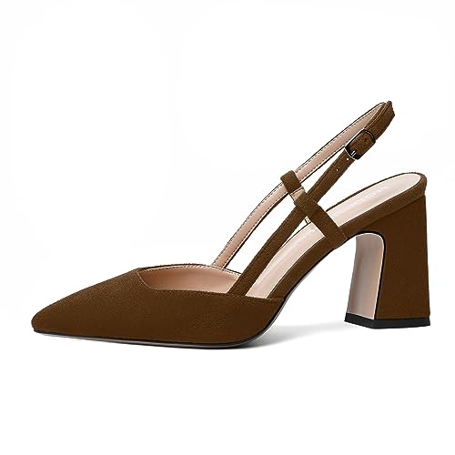 MODENCOCO Womens Slingback Evening Sexy Pointed Toe Suede Fashion Buckle Block High Heel Pumps Shoes 3.3 Inch2