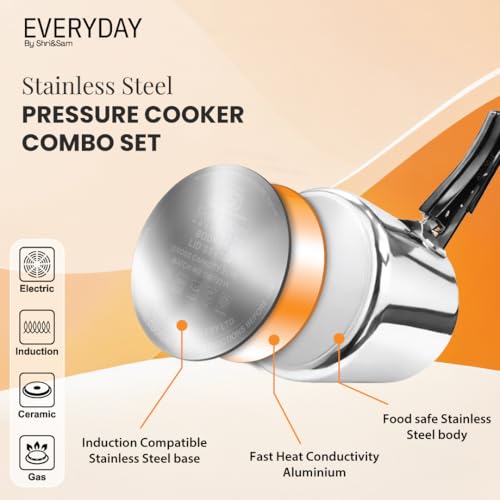 Image of Everyday Stainless Steel Pressure Cooker Combo (3.5L + 5L) | 2 Cookers, 1 Shared Lid | Mirror Finish | Inner Lid Design | Gas & Induction Compatible | Large Family Bundle