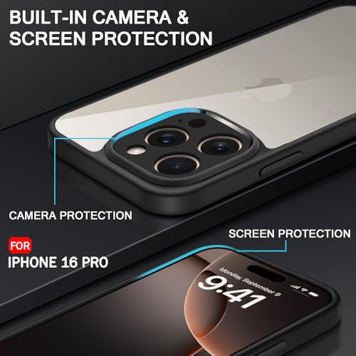Image of TheGiftKart Ultra-Hybrid Shockproof Sleek Armor Back Cover Case for iPhone 16 Pro | 360 Protection | Crystal Clear Hard Back Case for iPhone 16 Pro (PC & TPU, Transparent Clear Back, Black Sides)