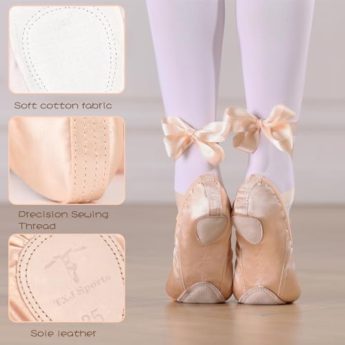Ballet Shoes for Girls, Pink Ballet Slippers Split Sole Satin Women Dance Shoes Flats with Ribbon for Yoga Gymnastics Performance4