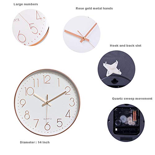 Image of jomparis 13.5 Inch Rose Gold Wall Clock Silent Non-Ticking Quartz Sweep Decorative Battery Operated Wall Clocks