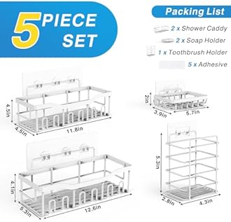 EUDELE 5-Pack Rustproof Stainless Steel Shower Caddy Set– No Drill Adhesive Bathroom Organizer, Space-Saving Shower Shelves for Apartment Essentials, Bathroom/Kitchen Storage Home Decor-L Size