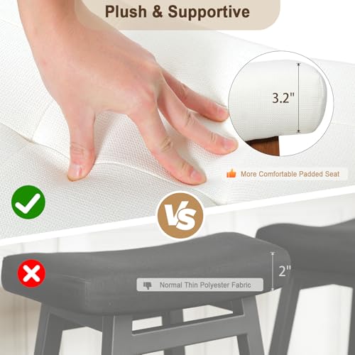 Image of Bar Stools Set of 3, Backless Counter Height Bar Stools, 24 Inch Modern Saddle Bar Stools with Walnut Legs & Upholstered Fabric Seat, Wooden Counter Stools for Kitchen Island, Cream White