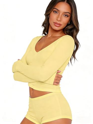 Image of Dressmine Sexy Pajamas Set for Women Spring Pj Lounge Sets 2 Piece Cute Sleepwear Long Sleeve V Neck Y2K Tops Shorts