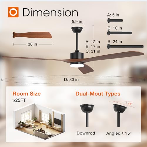 Image of addlon 80 Inch Solid Wood Ceiling Fans with Lights and Remote Control | 3CCT dimmable light, quiet reversible DC motor, 6 speeds, memory, timer; bedrooms, living rooms, covered patios and gazebos