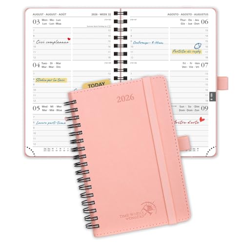 POPRUN Agenda 2026 Piccola Spirale 16 x 10,5 cm, Copertina Morbida, Planner 2026 Tascabile con Righello in Plastica, Pelle Vegana, Carta Spessa da 100 GSM, Rosa