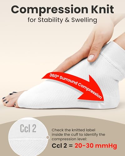 Image of KEMFORD Ankle Compression Sleeve - 1-Pair, Plantar Fasciitis Braces - Open Toe Compression Socks for Swelling, Sprain, Neuropathy, Foot Arch Support for Men and Women - 20-30mmhg, L, White