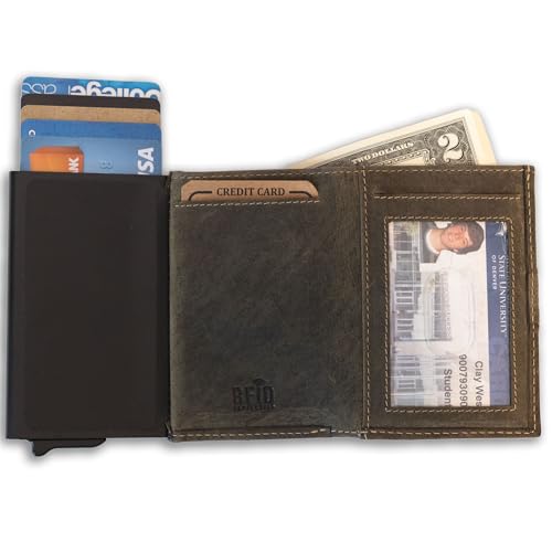 Image of Full Grain Leather Pop-Up Wallet for Men - RFID Blocking Bifold with Quick Card Access - Slim Minimalist Design - Holds 8+ Cards & Cash (Olive)