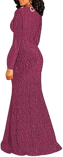 Image of Women's Sexy Long Sleeve Sparkly Maxi Dress V Neck High Slit Wrap Formal Gown Cocktail Glitter Maxi Long Dresses