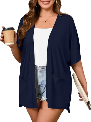Image of AusLook Plus Size Cardigan for Women Short Sleeve Lightweight Open Front Shrug with Pockets for Dresses and Layering 1X-5X