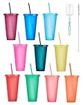 ZITFRI 10 Reusable Cup with Straw and Lid 24OZ Plastic Cups Colorful Glitter Tumblers for Cold Drinks Iced Coffee Set & Brush, Party Tumbler Travel Mug COLORS