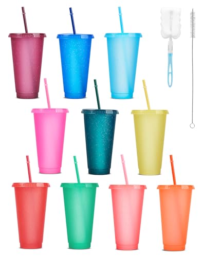 ZITFRI 10 Reusable Cup with Straw and Lid 24OZ Plastic Cups Colorful Glitter Tumblers for Cold Drinks Iced Coffee Set & Brush, Party Tumbler Travel Mug COLORS