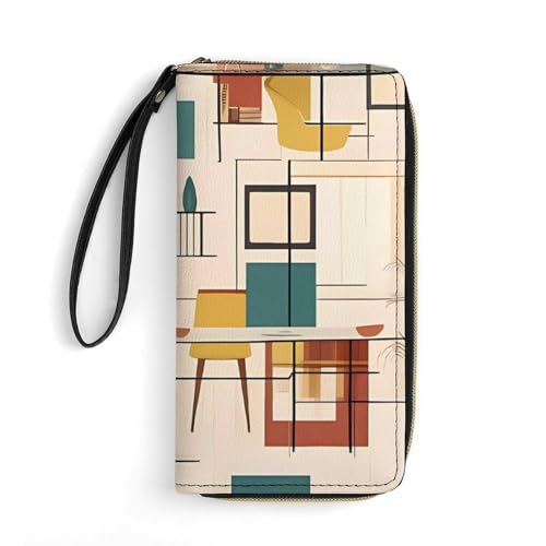 Mid Century Modern Leather Wallet Smooth Zip Around Clutch Wristlet Travel Long Soft Purse for Women