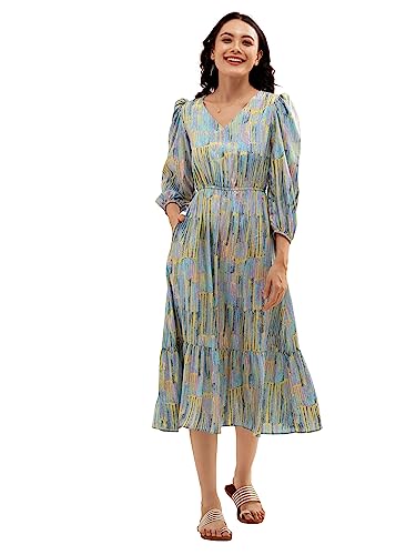 Image of AASK Abstract Printed Puff Sleeve Gathered Detailed Fit Flare Dress