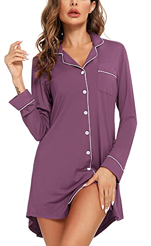 Image of Samring Nightgown for Women Long Sleeve Button Down Night Gown Boyfriend Nightdress Sleep Shirts