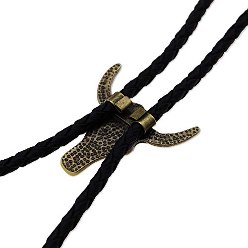 Creative-Idea 2Pcs Bolo Necktie Bootlace Cowboy Tie Set 39Inches Leather Rope Cow Skull And Eagle Inlaid Turquoise Design Western Rodeo Theme Brass Color #TOP5